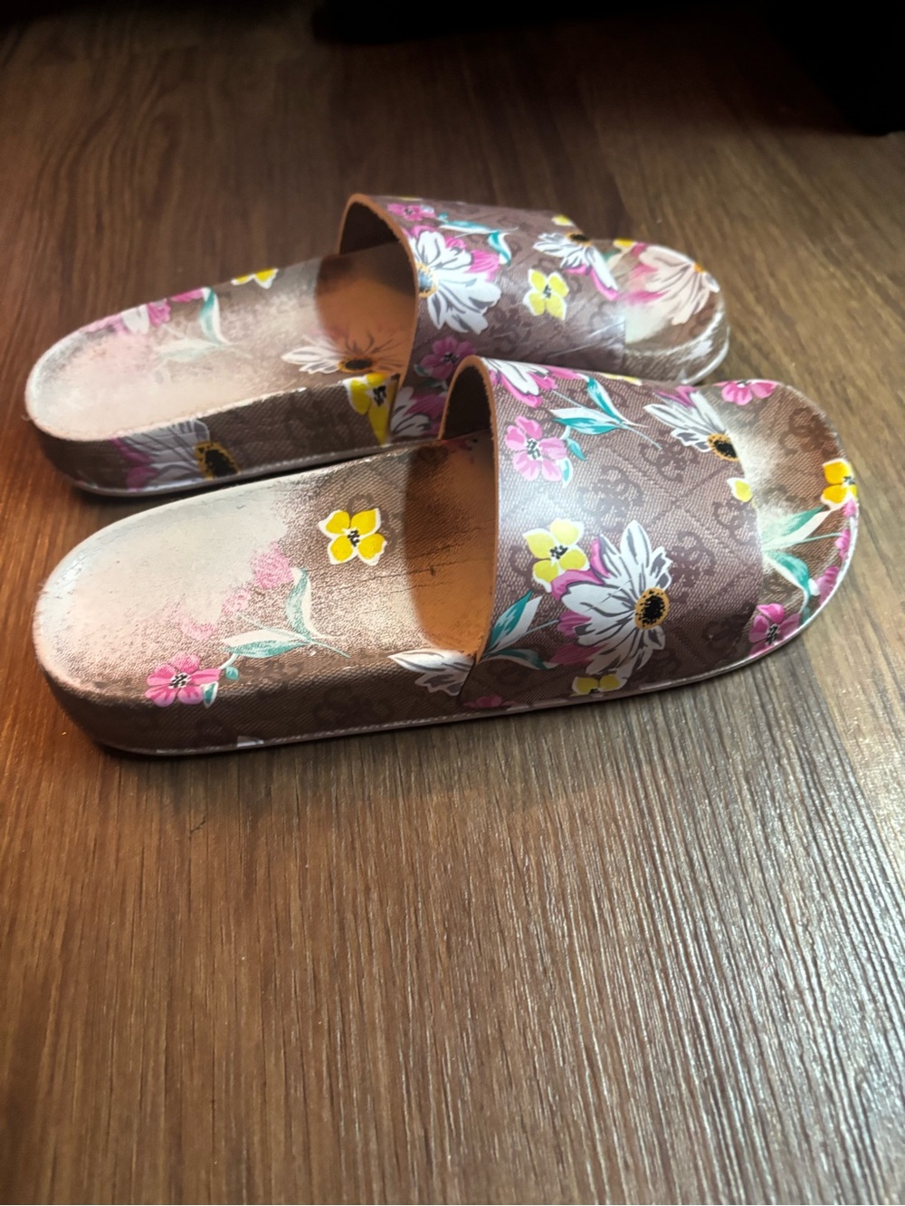 Guess Brown Floral Slide Sandals with Pink & Yellow Accents